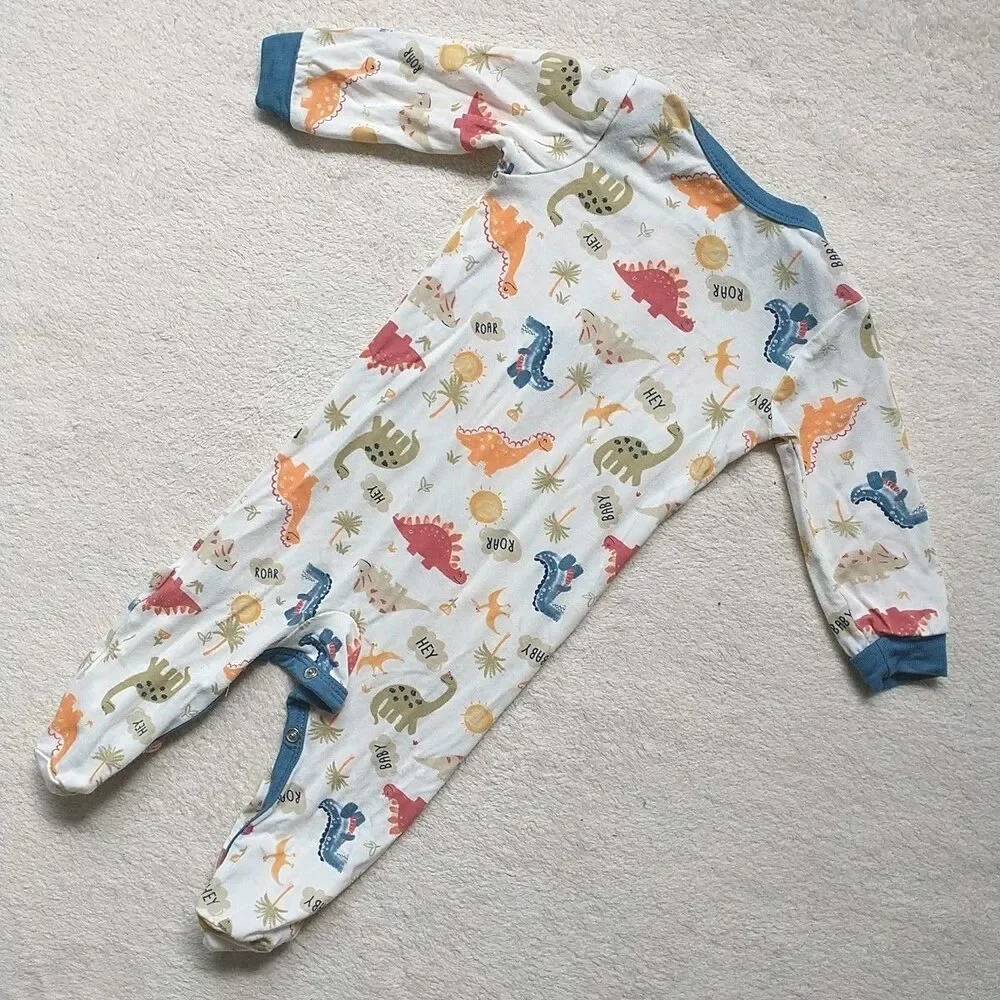 Milkberry One-piece Bodysuit Baby Boy 0-6M Dinosours Striped Bamboo Set Of 2